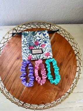 Gucci Kids Satin Scrunchie Trio in Purple, Pink & Teal